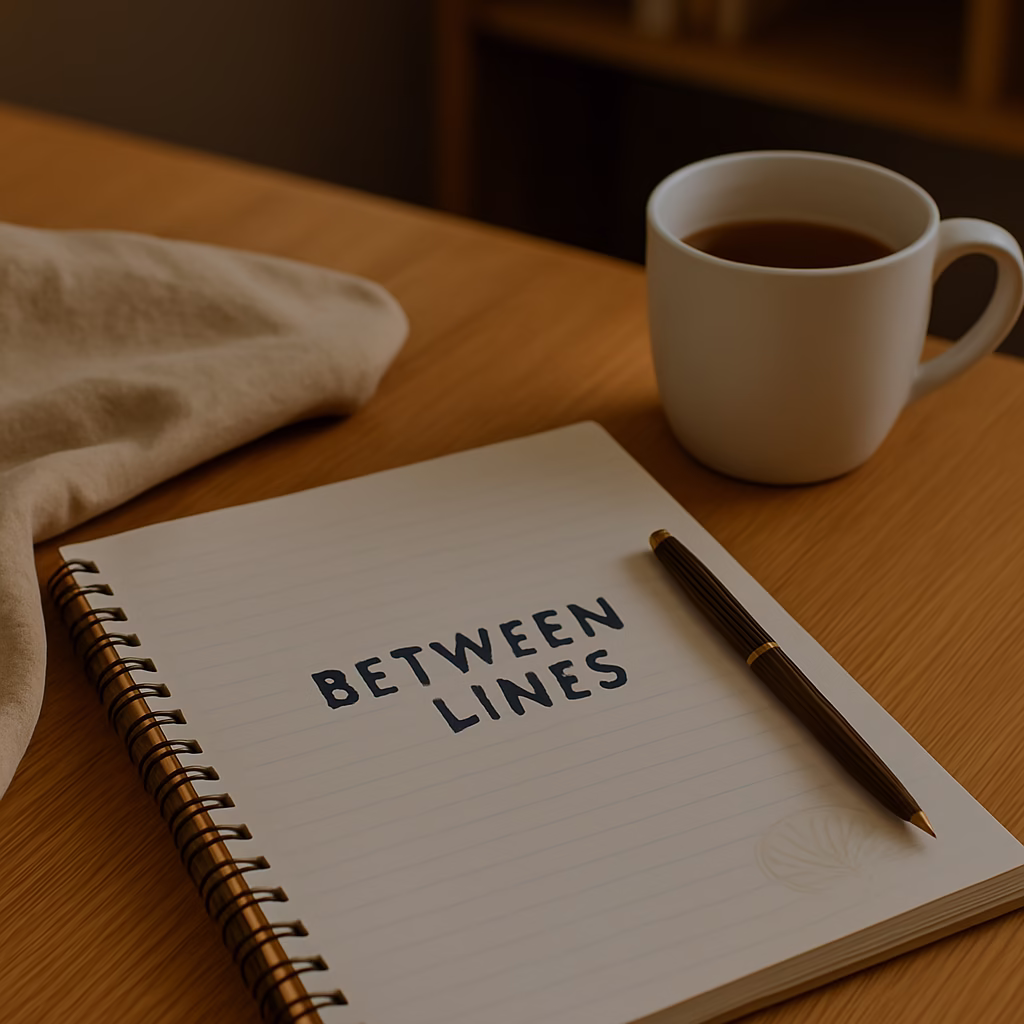 Notebook with the words “Between Lines” handwritten on the page, alongside a black pen and coffee mug on a wooden table—visual metaphor for thoughtful political writing, personal reflection, and everyday civic clarity.