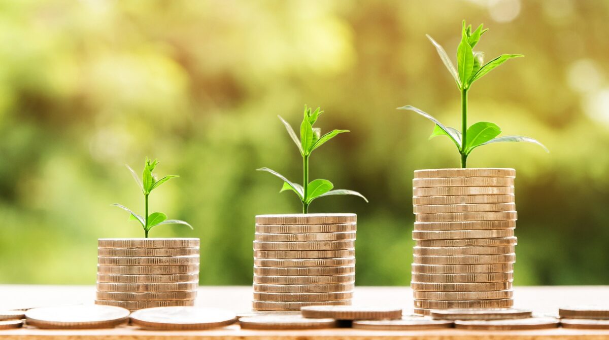 Stacks of Canadian coins showing seedlings growing from the stacked coins. Blurred sunlit spring garden greenery background,