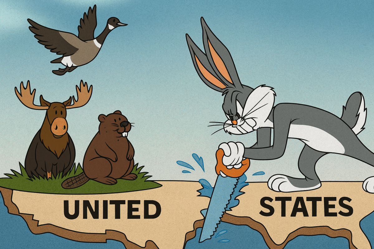 Bugs Bunny feverishly saws the United States away from Canada—under the watchful eyes of a moose, a beaver, and a very unimpressed Canada goose. #ElbowsUp in cartoon form.