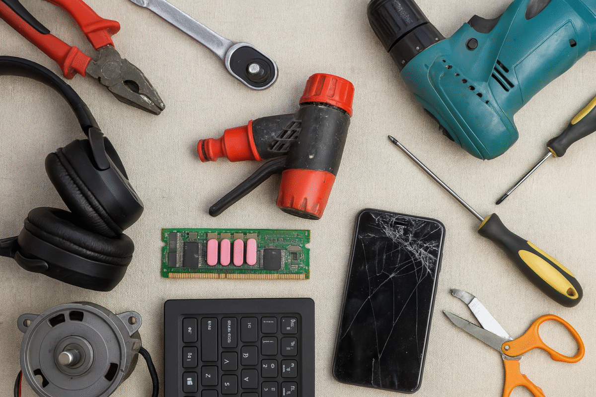 A flat lay of assorted repair tools and broken household items on a beige fabric surface, including a cracked smartphone, pliers, a disassembled fan motor, screwdrivers, a broken garden hose nozzle, an electric drill, circuit board, and scissors—symbolizing the everyday challenges of repair in a disposable economy.