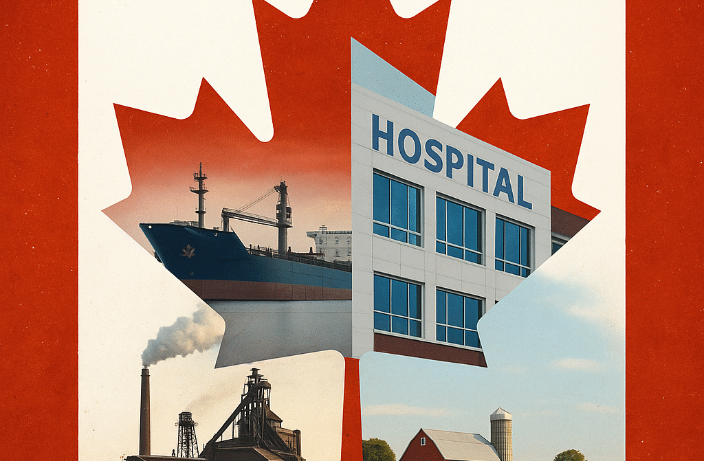 A stylized Canadian flag with the maple leaf filled by a collage of images: a shipyard with cranes and steel beams, a hospital with doctors and nurses, a schoolyard with children playing, and farmland with barns and silos. The design symbolizes Canada’s nation-building choices across industry, care, education, and food.