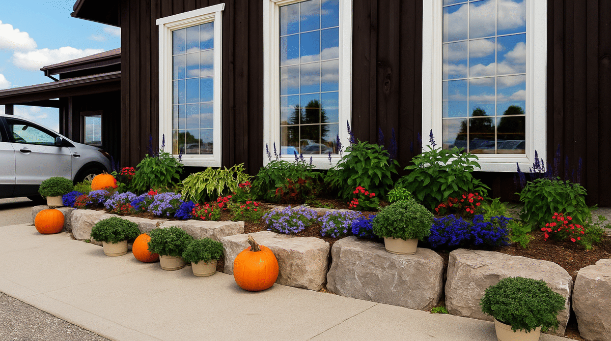 Herrle’s Country Farm Market in St. Agatha, Ontario, decorated with pumpkins and flowers — a symbol of Canadian sovereignty and community resilience rooted in local farms and markets.