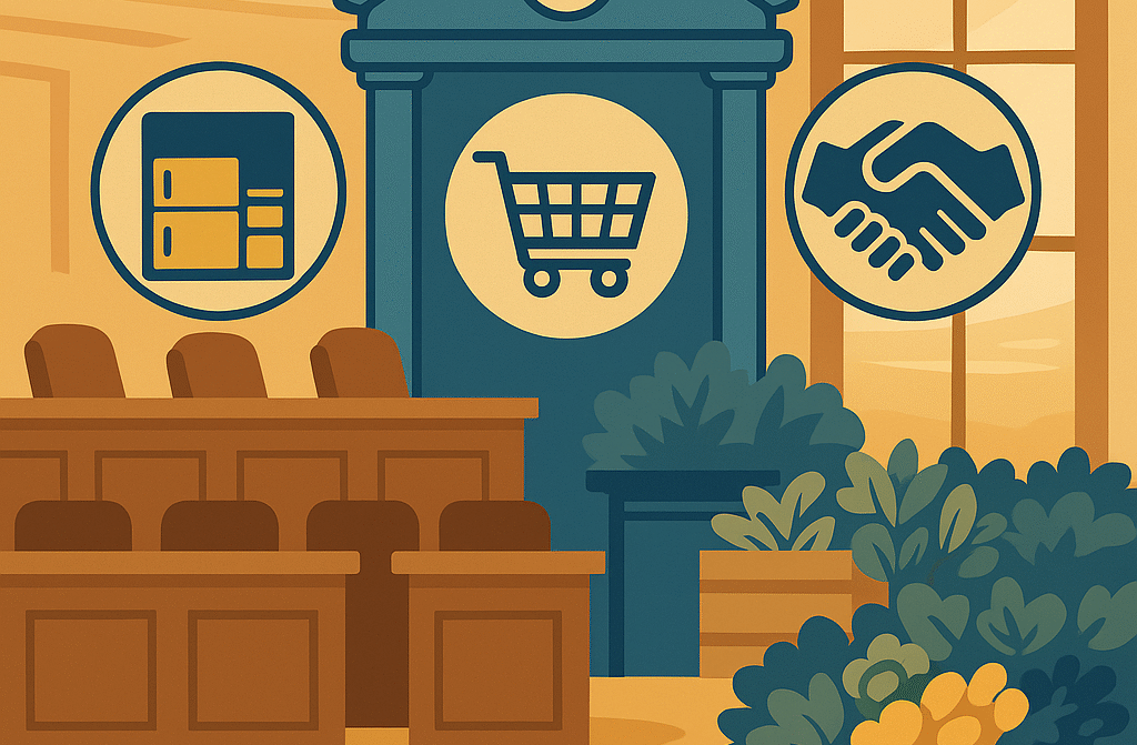 Flat-style illustration of a municipal council chamber with three floating icons — a warehouse (cold storage), a shopping cart (procurement), and a handshake (regional food hubs). Crates of produce and greenery in the background symbolize how municipal food policy can rebuild Canada’s missing middle in food systems.
