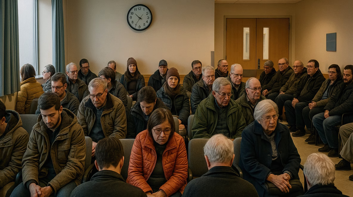 A crowded hospital waiting room filled with people in winter coats, seated shoulder to shoulder beneath a wall clock and soft fluorescent light, symbolizing long wait times in Canada’s healthcare system.