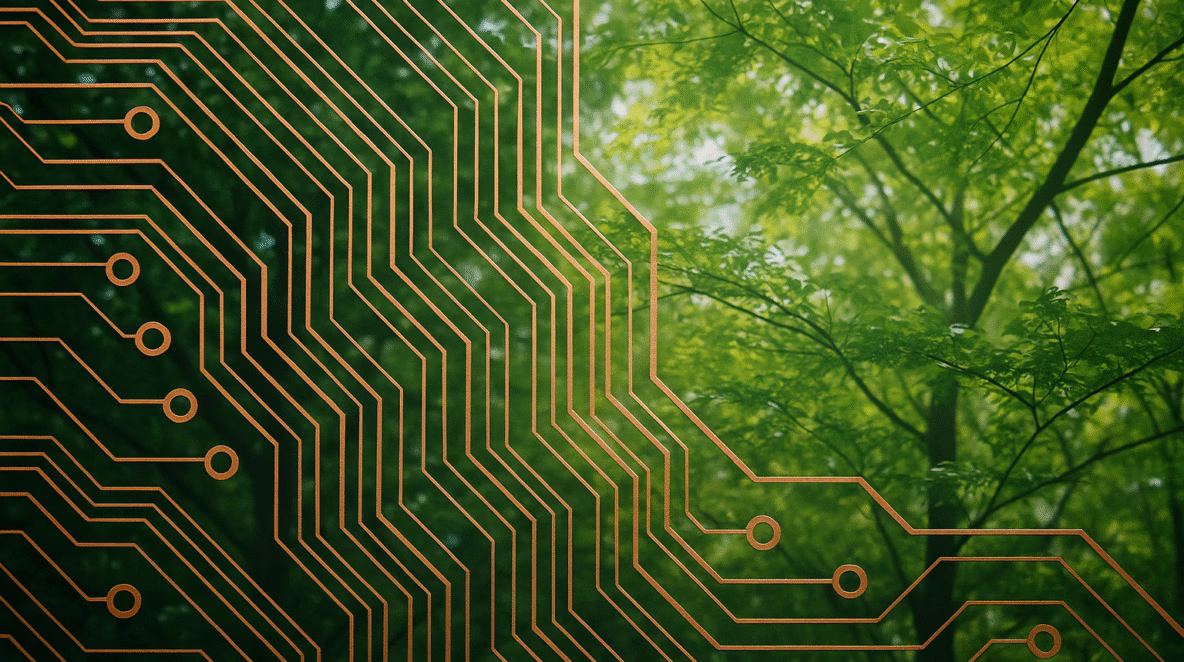 A double-exposure image showing circuit lines interwoven with tree branches, symbolizing technology learning from nature and the balance between innovation and ecology.