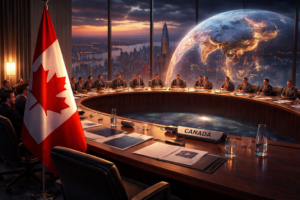 Minimalist illustration of a Canadian surveillance aircraft flying low over northern waters beneath a pale sky, symbolizing Canada’s presence, vigilance, and strategic awareness in a shifting world.