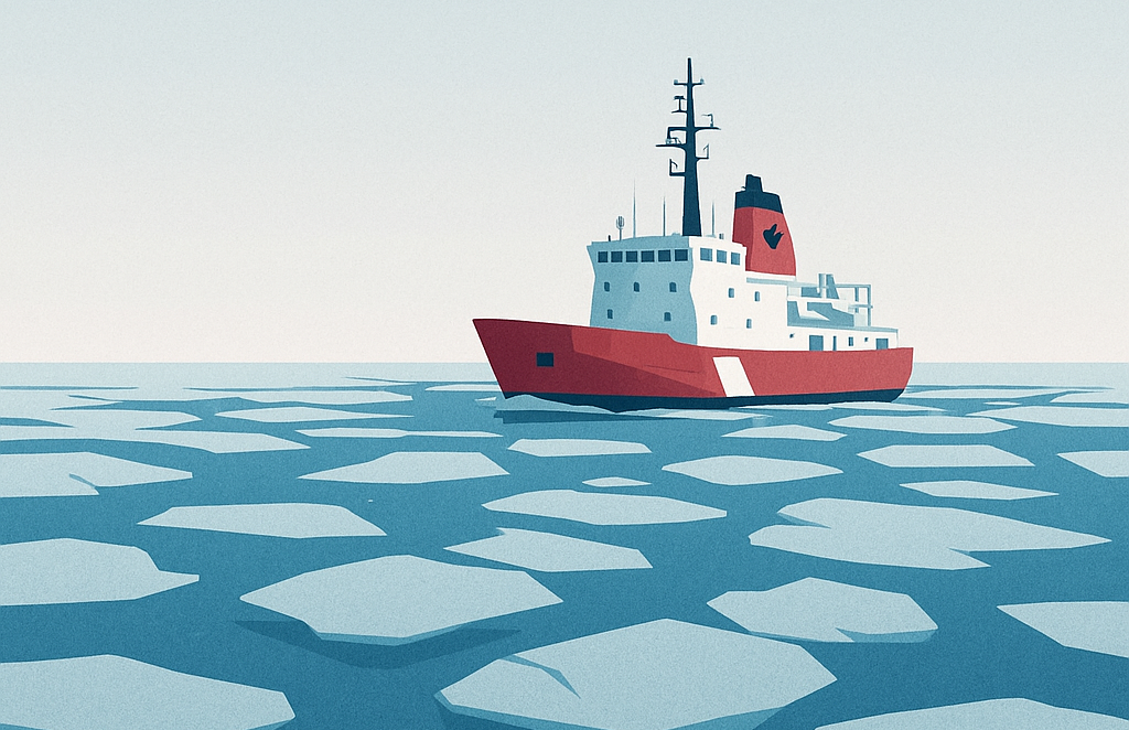 A minimalist illustration of a lone Canadian icebreaker moving steadily through fractured blue sea ice under a pale northern sky, evoking isolation, resolve, and the quiet fragility of the Arctic.