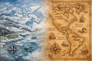 Illustrated split map showing the Arctic and North America alongside an antique map of the Western Hemisphere, blending modern geography with historic cartography.