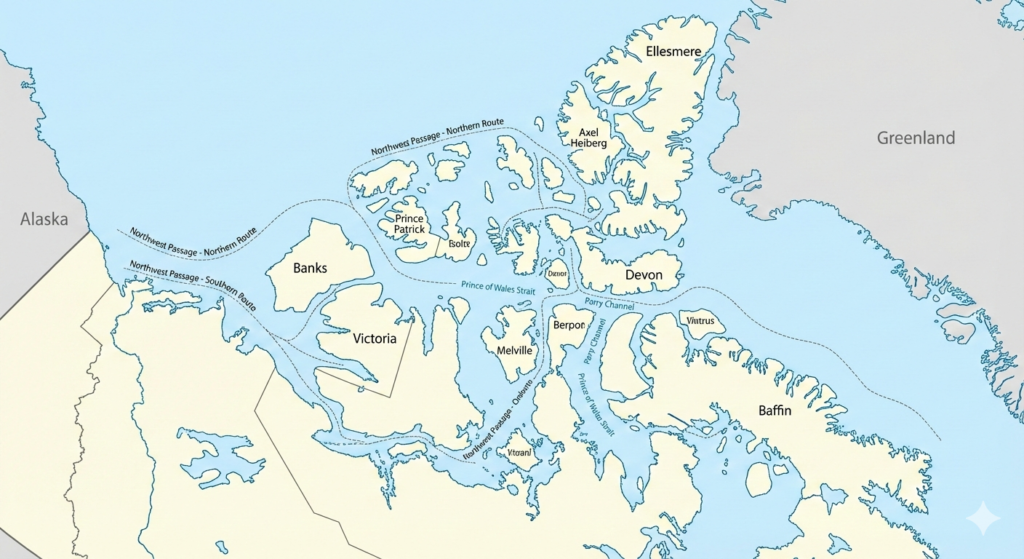 A clear, high-resolution map of the Canadian Arctic Archipelago, showing the Queen Elizabeth Islands and surrounding island groups in detail. Clean academic style, light neutral colours, readable labels. Emphasis on the dense island geography and multiple Northwest Passage routes. Subtle markers for Alaska to the west and Greenland to the east.