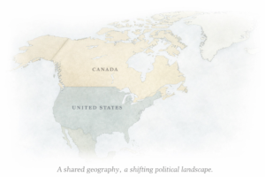 Map of North America showing Canada and the United States in muted colours, emphasizing their shared landmass and long border without highlighting political leaders or events.