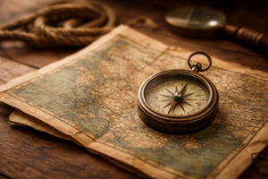 A brass compass resting on an old map, symbolizing navigation, orientation, and geopolitical decision-making in uncertain times.